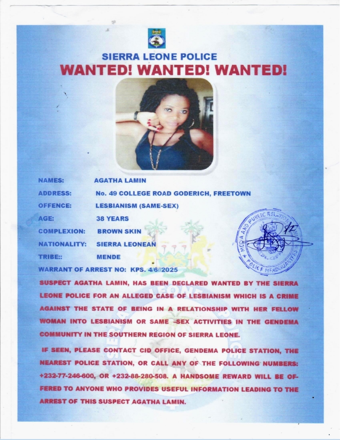 POLICE DECLARE FREETOWN WOMAN WANTED FOLLOWING ALLEGED SAME-SEX INCIDENT IN GENDEMA