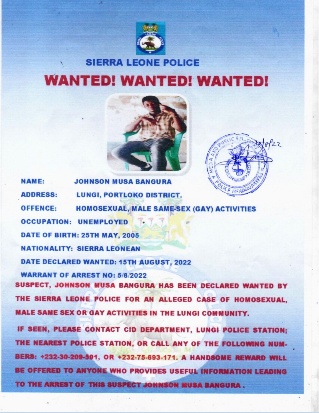 SLP Confirms Active Arrest Warrant for Lungi Resident in Ongoing Investigation